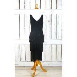 Black silk beaded vneck sleeveless layered cocktail evening dress